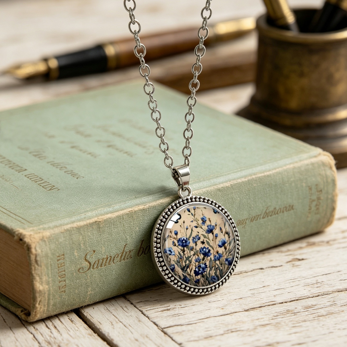 Forest Style Blue Floral Branch Leaf Printed Round Pendant Necklace